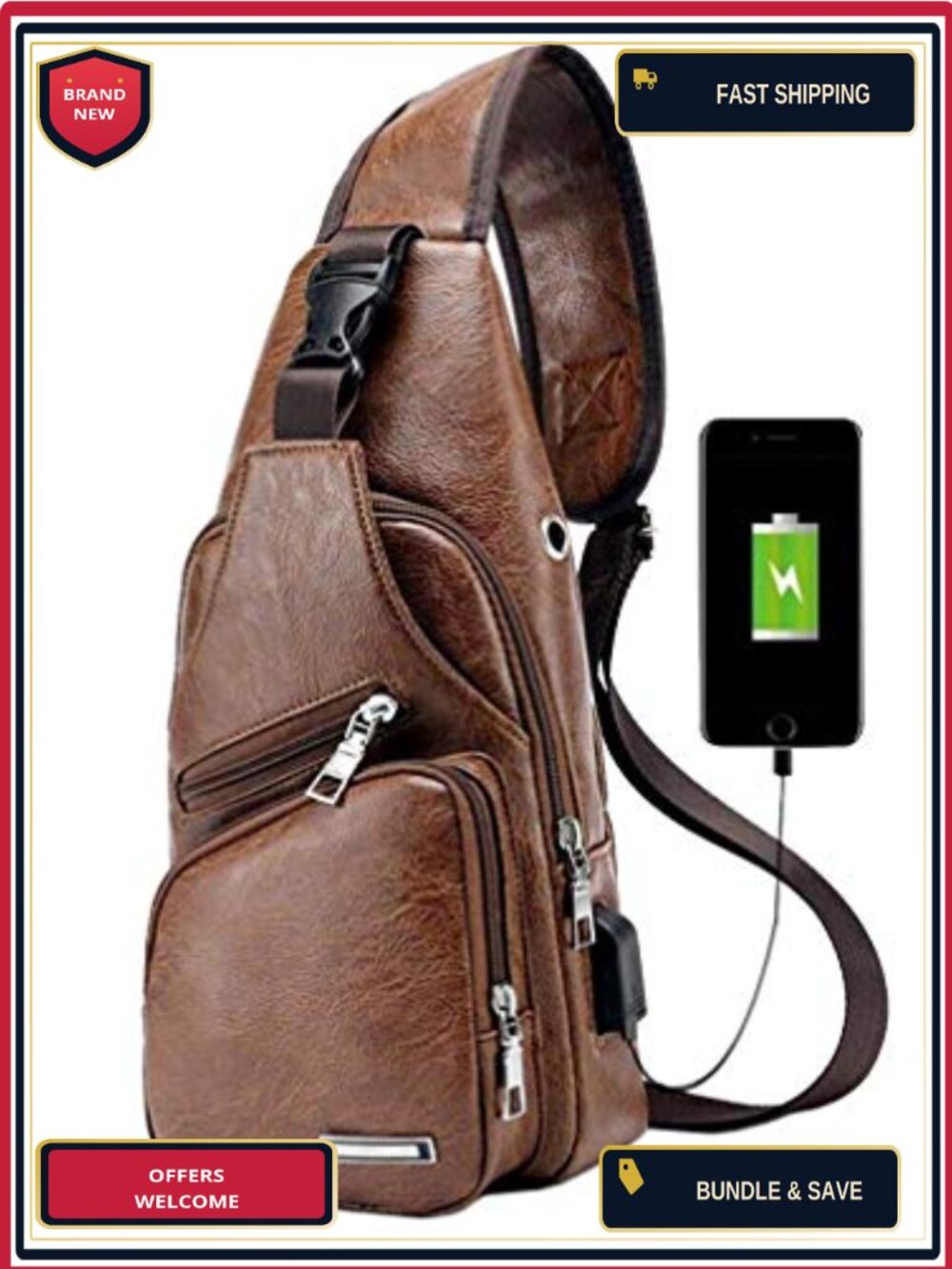 PU Leather Sling Bag Crossbody Backpack Unisex Travel